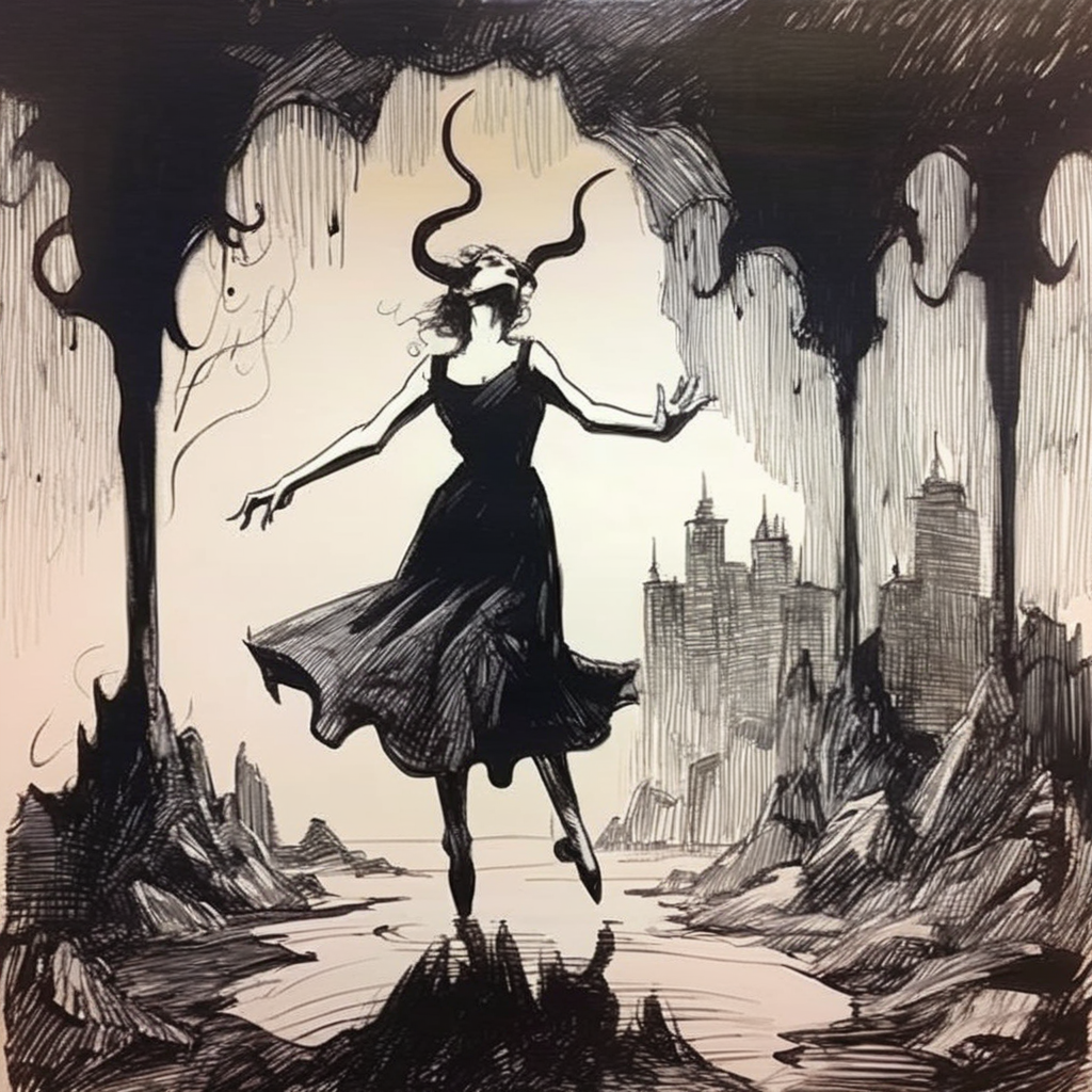 drawix6 a girl dancing with the devil, a surreal dark world in the background, black ink <lora:drawix6:1>