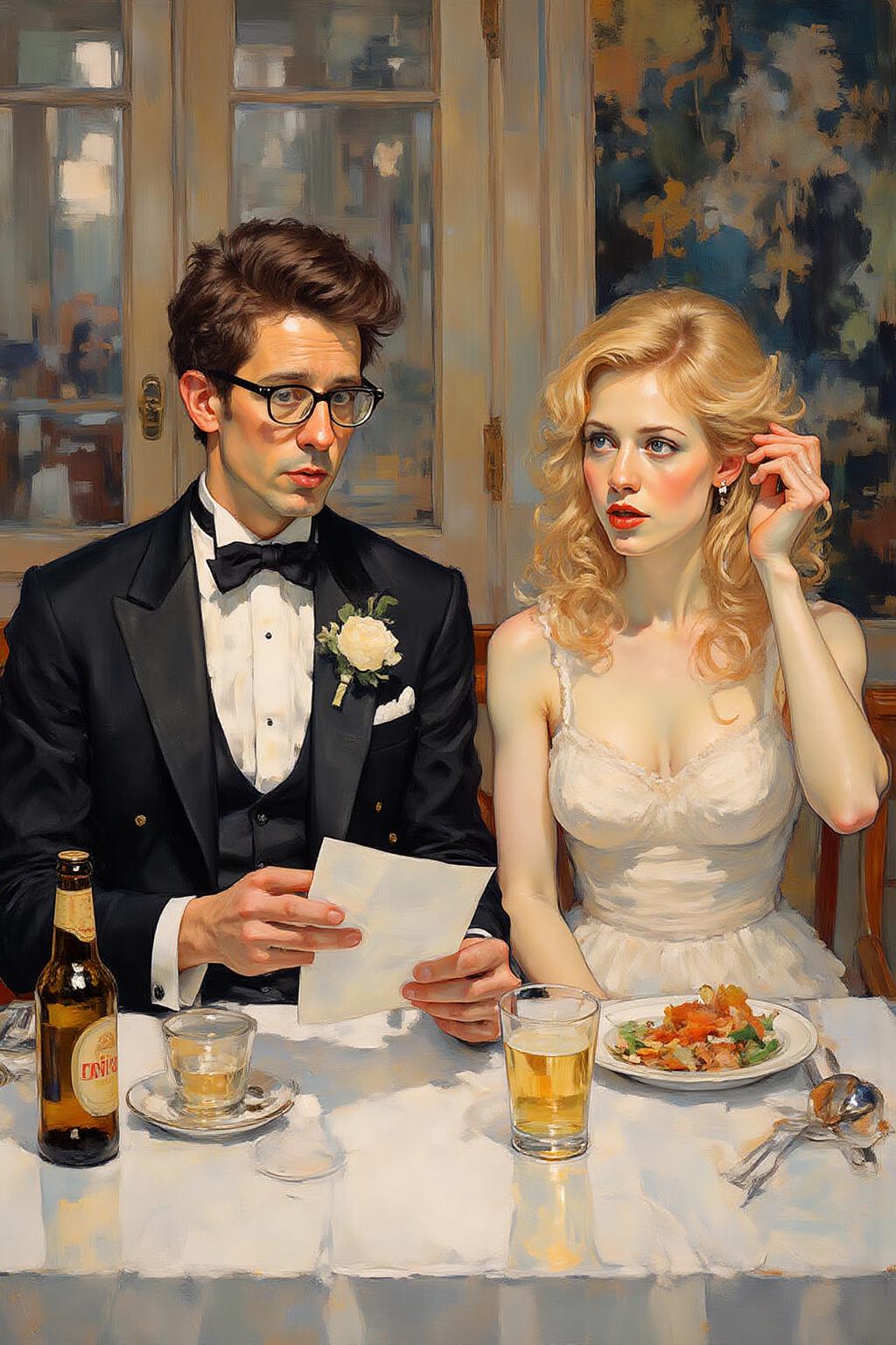 kaoruyamada1 painting.
kard1. Closeup of a couple seated at a table covered with a white tablecloth. On the left is the man dressed in a classic black tuxedo with a white bow tie and a white boutonniere on his lapel. He is wearing glasses and holding a piece of paper, looking surprised or confused. His hair is neatly styled. On the right it a blond woman. She is touching her hair with her left hand and her right hand is holding a small hand mirror. In front of them are various items on the table, including a bottle of beer, a plate with food, a glass, and a candle. <lora:kaoruyamada1_f16e9:1.0><lora:868879628075277475:0>