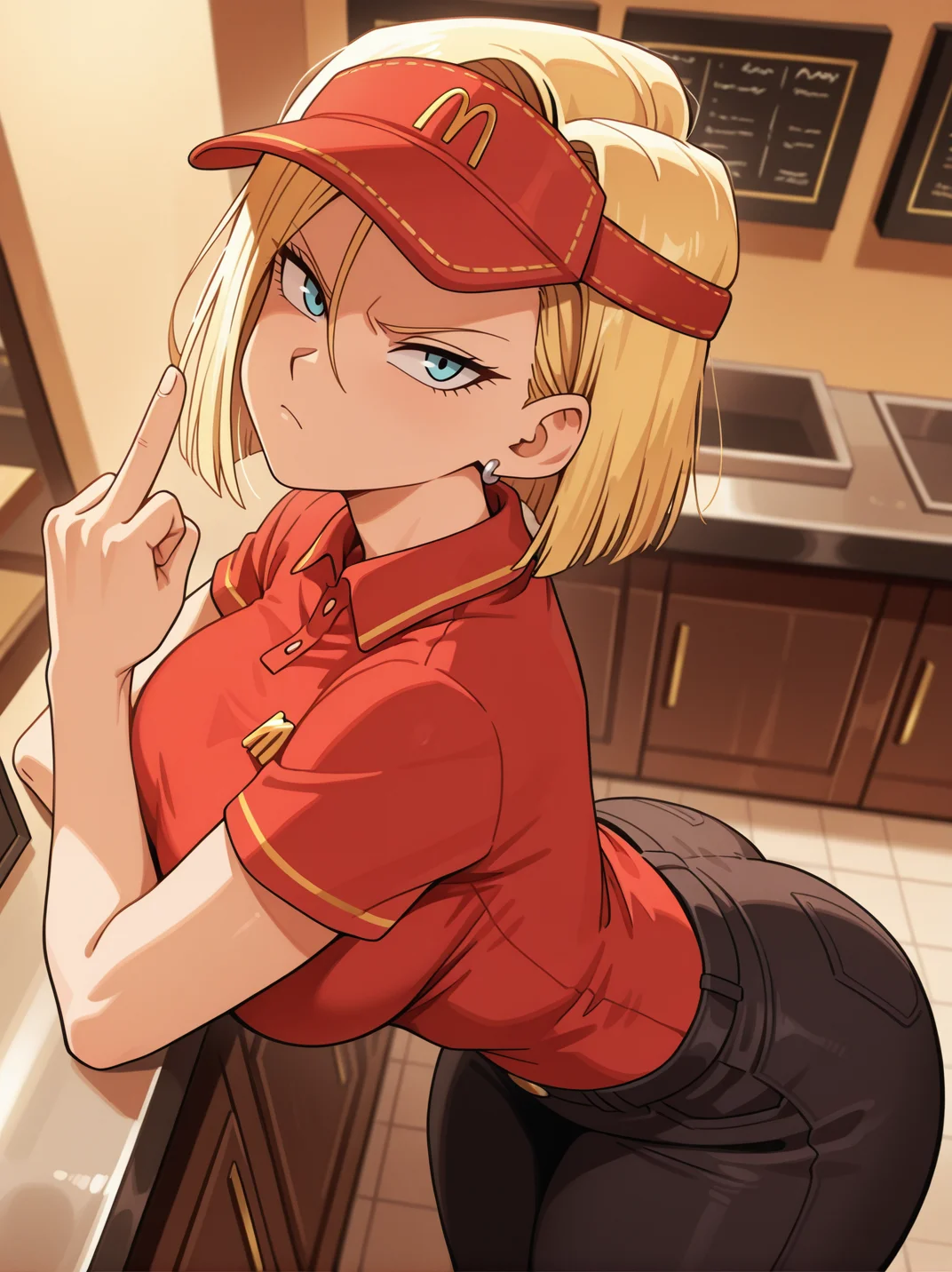 highres, hi res, best quality, masterpiece,, anime coloring,
1girl, (android 18:1.1), large breasts, thick thighs, narrow waist, McUniform, employee uniform, polo shirt, red shirt, (visor cap:1.2), black pants,
angry, dutch angle, naughty pose, looking at viewer, restaurant, solo, looking at viewer, behind counter, one arm rest, (middle finger:1.1), from side, from above, leaning forward, portrait, dynamic pose, cowboy shot, head tilt,, 
<lora:ATRex_style-15:0.5>, <lora:illustriousXL_stabilizer_v1.7:0.4>,,  <lora:AMcDonaldUniform_Concept-08:0.85>