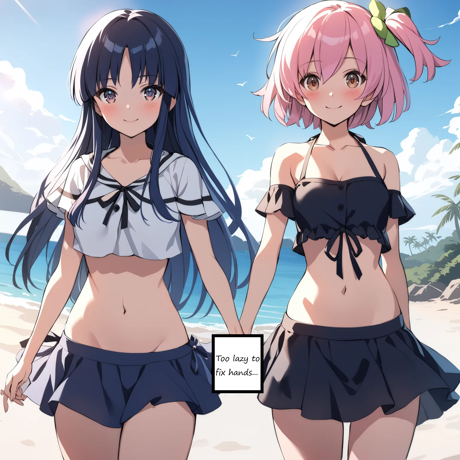 [high quality, best quality], [cinematic], 2girls, yuri, summer, day, sky, [bloom, hdr], <lora:hitotsuyanagi:0.72>
2girls, yuyu, bikini, looking at viewer, smile, blush, holding hands, beach
2girls, riri, bikini, looking at viewer, smile, blush, holding hands, beach