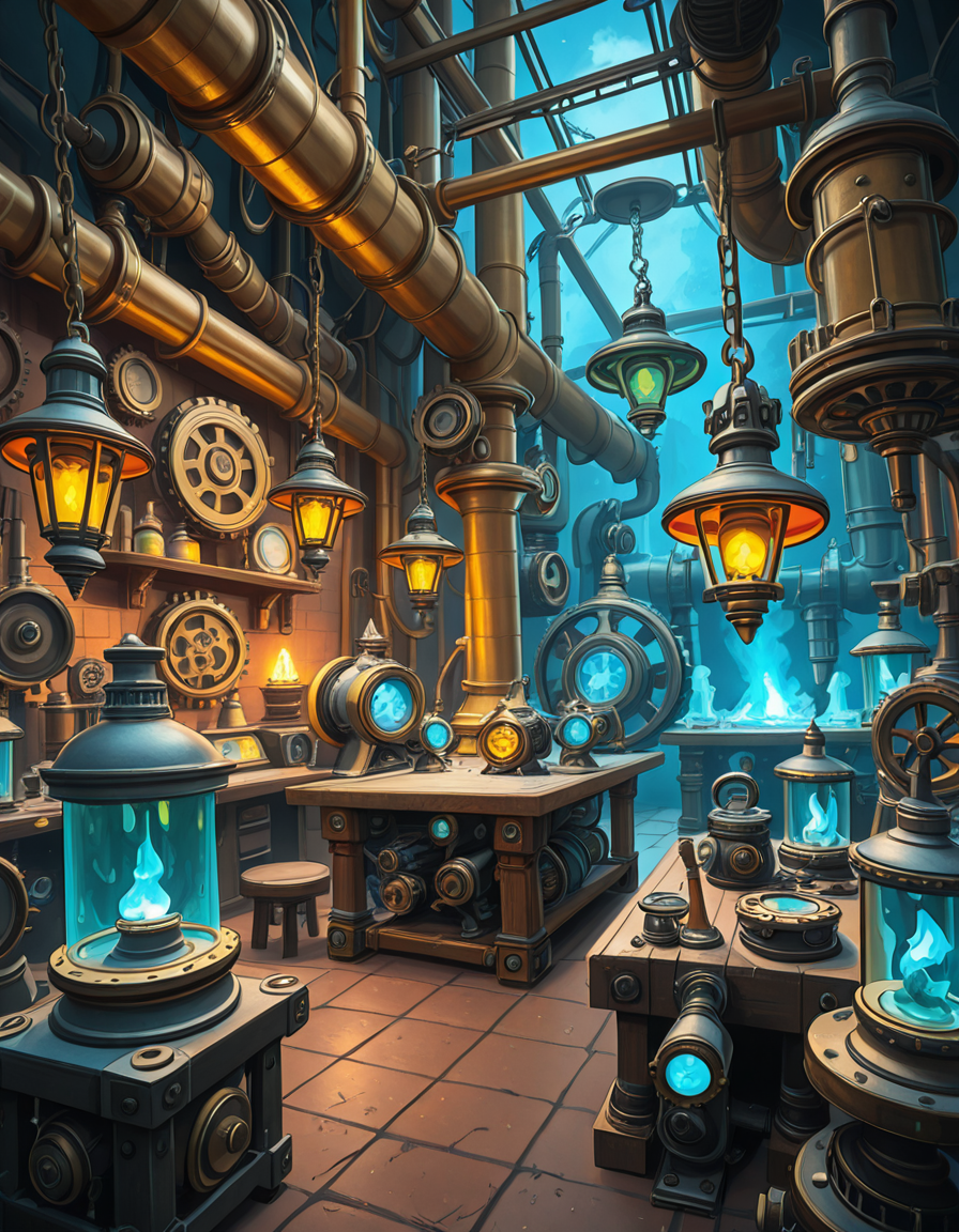 A highly detailed and immersive gnome workshop inspired by World of Warcraft, filled with intricate mechanical devices, glowing gadgets, and arcane-infused machinery. The workshop is cluttered with blueprints, gears, and steam-powered contraptions, creating a vibrant steampunk-fantasy aesthetic. The lighting comes from flickering arcane lamps, neon-colored tubes, and softly glowing mana crystals, casting a warm yet mysterious ambiance. In the background, large brass pipes, rotating cogs, and suspended platforms form a complex, multi-layered workspace. A large workbench at the center is covered with half-finished inventions, from tiny clockwork creatures to experimental energy weapons. The walls are adorned with schematics, tool racks, and magical energy conduits. The atmosphere feels lively, as if gnome engineers have just stepped away from their latest tinkering project, leaving sparks flying and steam hissing from unfinished experiments. The color palette is a mix of vibrant blues, greens, and metallic hues, enhancing the high-tech yet whimsical charm of gnomish engineering.<lora:SDXLFaeTastic2400:0.4> <lora:extremely_detailed:0.4> extremely detailed,gnome w0rksh0p <lora:gnome_w0rksh0p-i:1>, Masterpiece,best quality,hi res,8k,hi res,8k,award winning,(sharp focus, intricate, highly detailed),