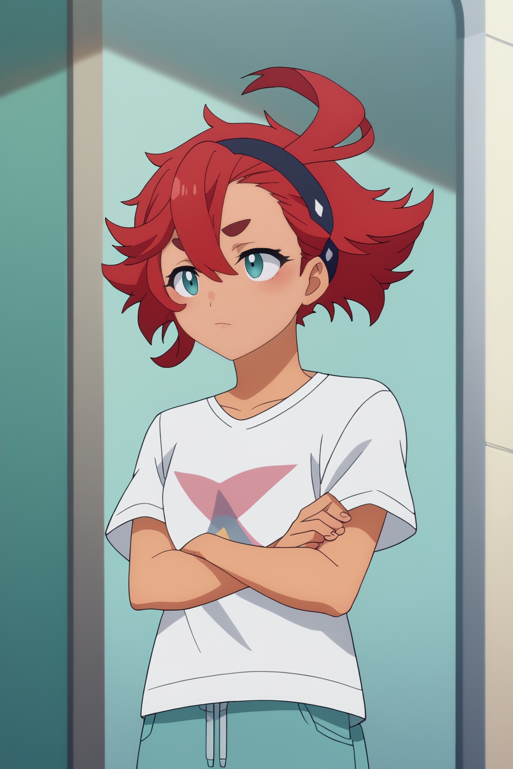 score_8_up, anime screencap, flat colors, Suletta Mercury, t-shirt with emblem <lora:COMMISSION_Gundam-Suletta_Mercury-PDXL:0.8>