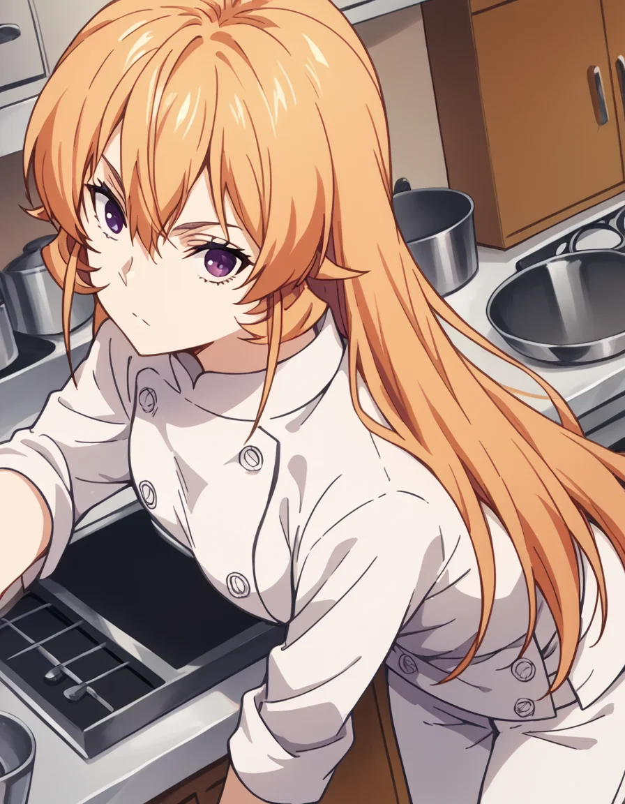 score_9, score_8_up, score_7_up, source_anime,
erinanakiri, <lora:erina-nakiri-s1-ponyxl-lora-nochekaiser:1>,
erina nakiri, long hair, orange hair, purple eyes, hair between eyes,
pants, white pants, chef, long sleeves, sleeves rolled up,
indoors, kitchen, bent over,
looking at viewer, cowboy shot, dutch angle, solo,