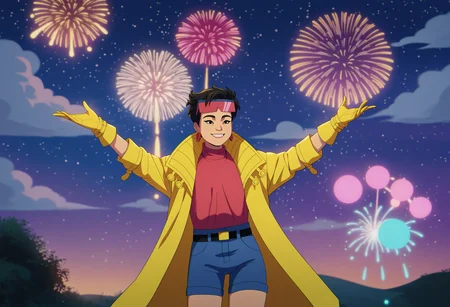 score_9, score_8_up, score_7_up, 1girl, solo, clamJBLee97, cJlumikinetics, cJsunglasses, yellow coat, yellow gloves, pink shirt, turtleneck, blue shorts, belt, earrings, smile, standing, arms outstretched, sky, night, star \(sky\), night sky,  fireworks, bokeh <lora:clamJubilee_xmen97PDXL:1>