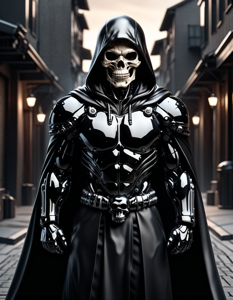 (masterpiece:1.2), best quality, high resolution, perfect lighting, extremely detailed, (Terminator assasin), battle scared white and black carbon armor, Wearing a dark cloak with hood, skull face just visable under hood, full_armor, humanoid, Metal Human skull head, (extreme detailed micro mechcanical scary Metal human skull design). Samurai sword shinning silver, Runes decorative embossments over his cloak, slim muscular body fast agile and stealthy, background a dark back street with subtle lighting and shadows, facing viewer, solo, made of ral-obsdn <lora:ral-obsdn:1>