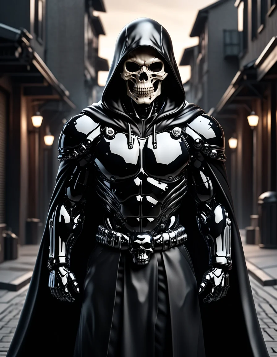 (masterpiece:1.2), best quality, high resolution, perfect lighting, extremely detailed, (Terminator assasin), battle scared white and black carbon armor, Wearing a dark cloak with hood, skull face just visable under hood, full_armor, humanoid, Metal Human skull head, (extreme detailed micro mechcanical scary Metal human skull design). Samurai sword shinning silver, Runes decorative embossments over his cloak, slim muscular body fast agile and stealthy, background a dark back street with subtle lighting and shadows, facing viewer, solo, made of ral-obsdn <lora:ral-obsdn:1>