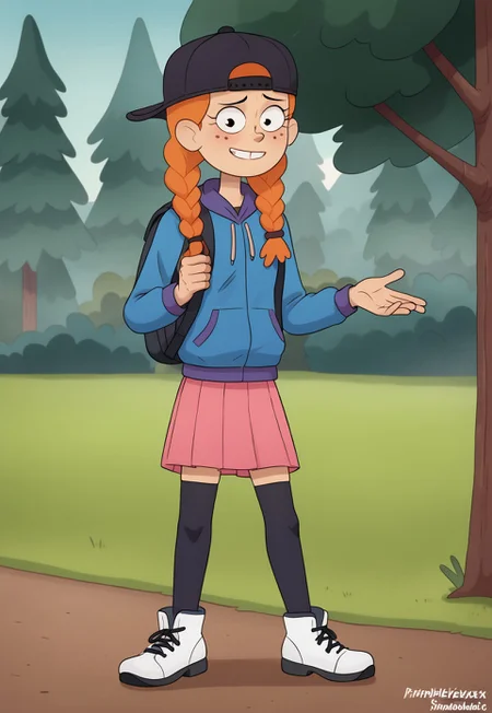triplevexx, AmphiMaggie, orange hair, braid, twin braids, freckles, 1girl, solo, smile, baseball cap, backwards hat, long sleeves, pink skirt, pleated skirt, blue hoodie, hood down, backpack, black thighhighs, white footwear,