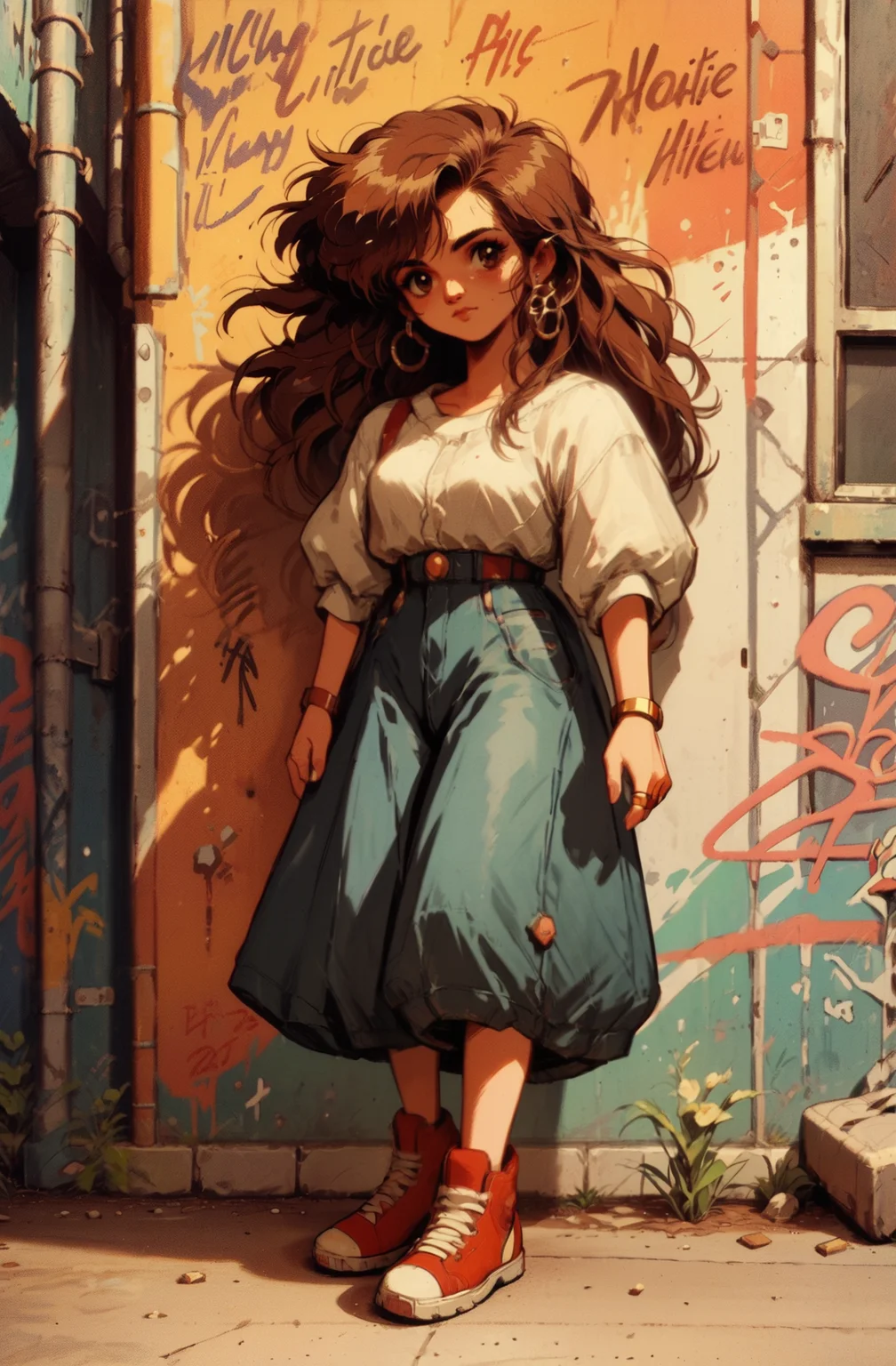 score_9, score_8_up, score_7_up, score_6_up, sidewalk, graffiti wall,
cute woman, long, sleek dark brown hair styled with several delicate gold rings woven through small, twisted sections near the face, middle part for a balanced look, subtle waves adding volume and movement, the rings catching the light for a hint of elegance and creativity, blending simplicity with a touch of bohemian charm
<lora:mix-j-XL_v08_937272:1.9> <lora:invincible_v2:0.4> invncbl <lora:Kenva:1> knva, halftone effect, retro artstyle
