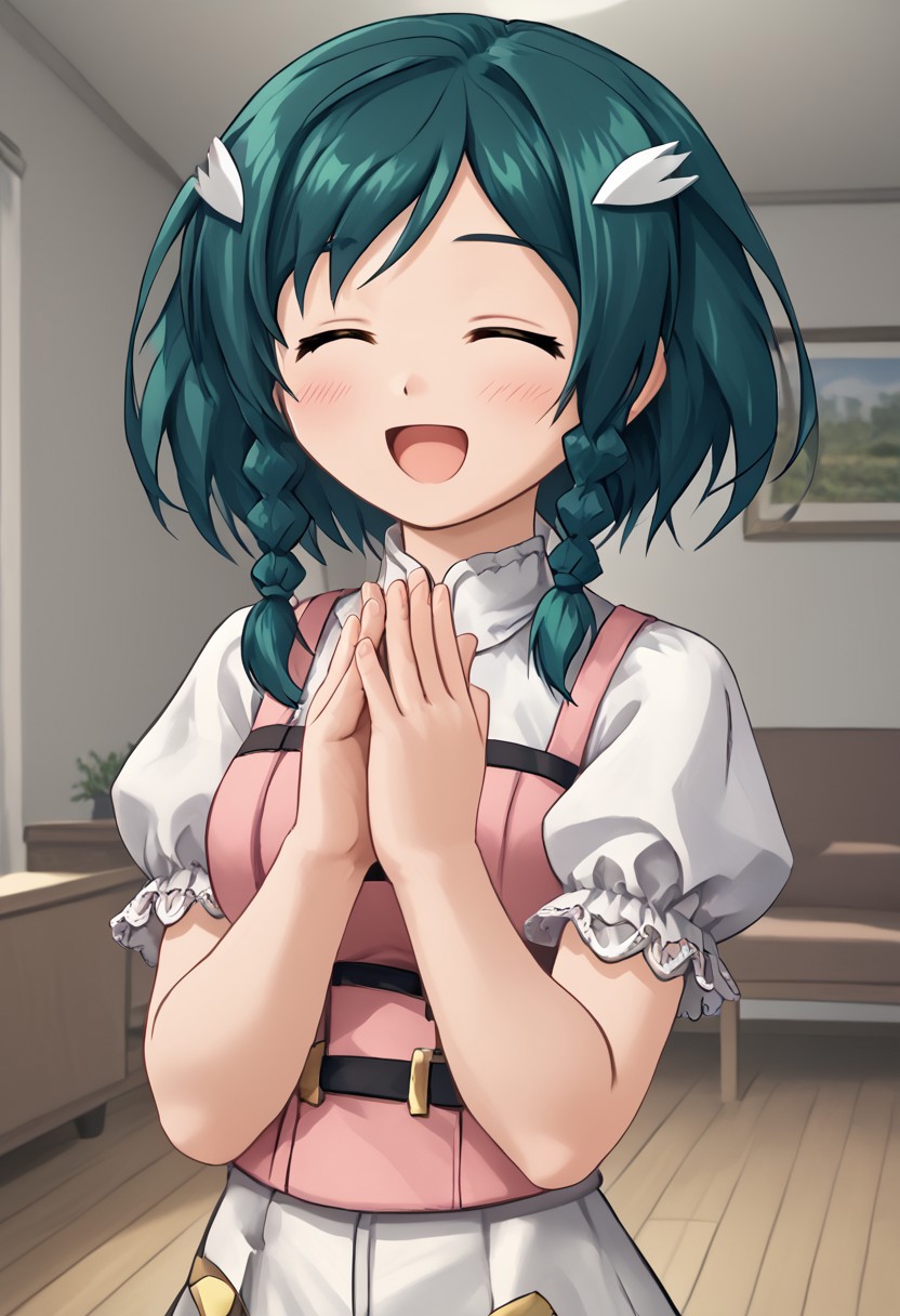 score_4,score_5,score_6,score_7_up,score_8_up,score_9
((masterpiece,best quality,ultra detailed,highres,HD,4k:1.2)),
1 cute girl,
upper body,1girl, solo, medium hair, dark green hair, braids, two braids, yellow eyes,  pink top, ribbon on clothes,white pants skirt, pantyhose, black footwear, boots, white shirt, short sleeves, puffy sleeves, hair ornament,
room, living room, open mouth,closed eyes, blush, happy, smile, put your hands together,