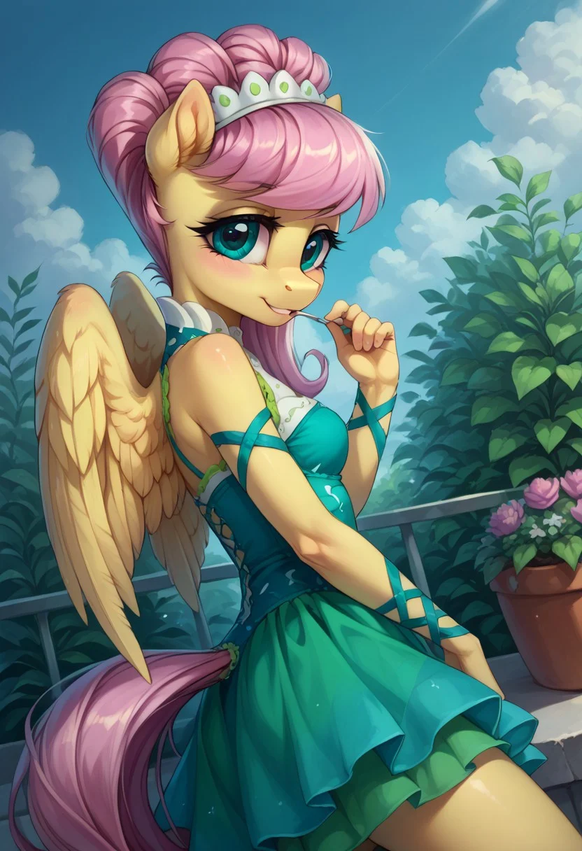 safe_pos, safe_pos, score_9, score_8_up, score_7_up, score_6_up,
realistic illustration, dramatic angle, outside, garden, (day), 1girl, solo, Fluttershy pony, Anthro, my little pony, 25, tail, petite body, shiny skin, small breasts, looking at you, happy playful, cheerful dramatic angle, The mane is arranged in a magnificent hairstyle, a green dress with lace
decorated with blue and green elements
turquoise ribbons on the legs,
solo