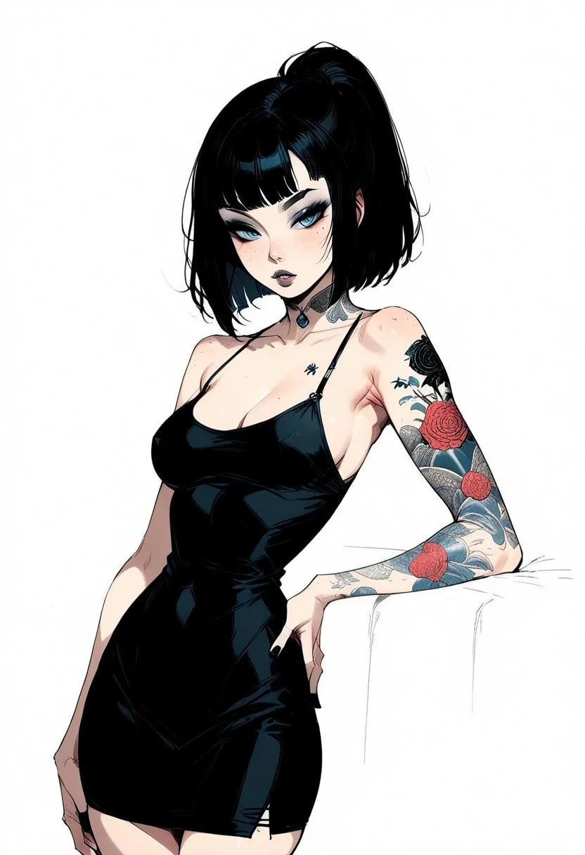 score_9, score_8_up, score_7_up, score_6_up, rating_questionable,styleFuchitoro, sketch, thick outline, 1girl, Celeste Valera, , freckles, , bangs, eyeshadow, ponytail, makeup, back tattoo, blue eyes, black hair, mole, (black) short pencil dress, nipple peek, one hand on hips, parted lips, sexy look, goth attire, screentones background, flat colors background, shadow on her back