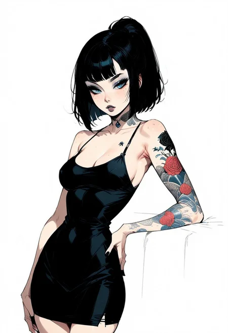 score_9, score_8_up, score_7_up, score_6_up, rating_questionable,styleFuchitoro, sketch, thick outline, 1girl, Celeste Valera, , freckles, , bangs, eyeshadow, ponytail, makeup, back tattoo, blue eyes, black hair, mole, (black) short pencil dress, nipple peek, one hand on hips, parted lips, sexy look, goth attire, screentones background, flat colors background, shadow on her back