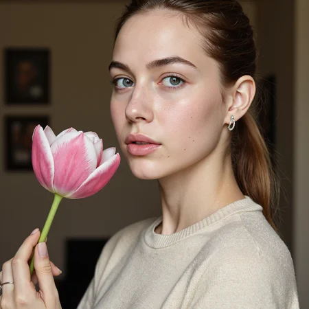 A photo-realistic shoot from a close-up camera angle about a young woman holding a pink tulip, with a soft, blurred background. the image also shows a close up of her face and upper body, showcasing her delicate features. on the middle of the image, a 20 years old woman with light skin, brown hair, and freckles, who appears to be a young adult, is facing the viewer and looking to the side, with her blue eyes looking directly at the viewer. she is wearing a cream-colored sweater and silver earrings, and has a ring on her finger. her lips are slightly parted, and she is holding a single pink and white tulip in her left hand. the woman has a serene expression, and her body is slim.