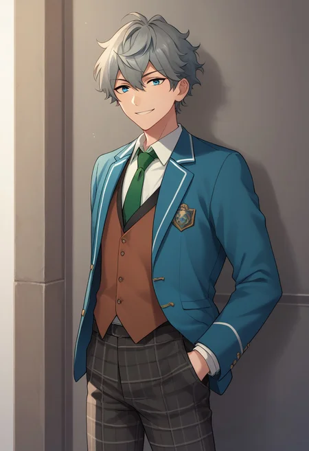 score_9, score_8_up, score_7_up, source_anime, highly detailed,
izumisena, 1boy, plaid pants, male focus, solo, necktie, school uniform, jacket, blue jacket, upper body,
blazer, plaid, pants, green necktie, blue eyes, grey hair, standing, smile,
indoor,