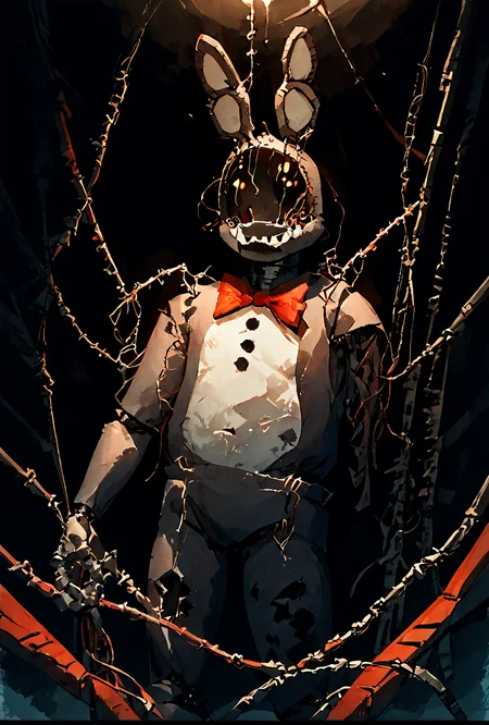 score_9, score_8_up, score_7_up , <lora:withbon-10:1> withbon, ((missing arm, amputated arm, wires ))no humans, bow, rabbit ears,, robot, Ultra realistic, high detail, highres, zPDXL3 , black walls, black background, dutch_angle, tilted angle, tilted view, angle <lora:PastelMix:1> PastelMix <lora:Organic_Sauce:1> ((watercolor)), solo