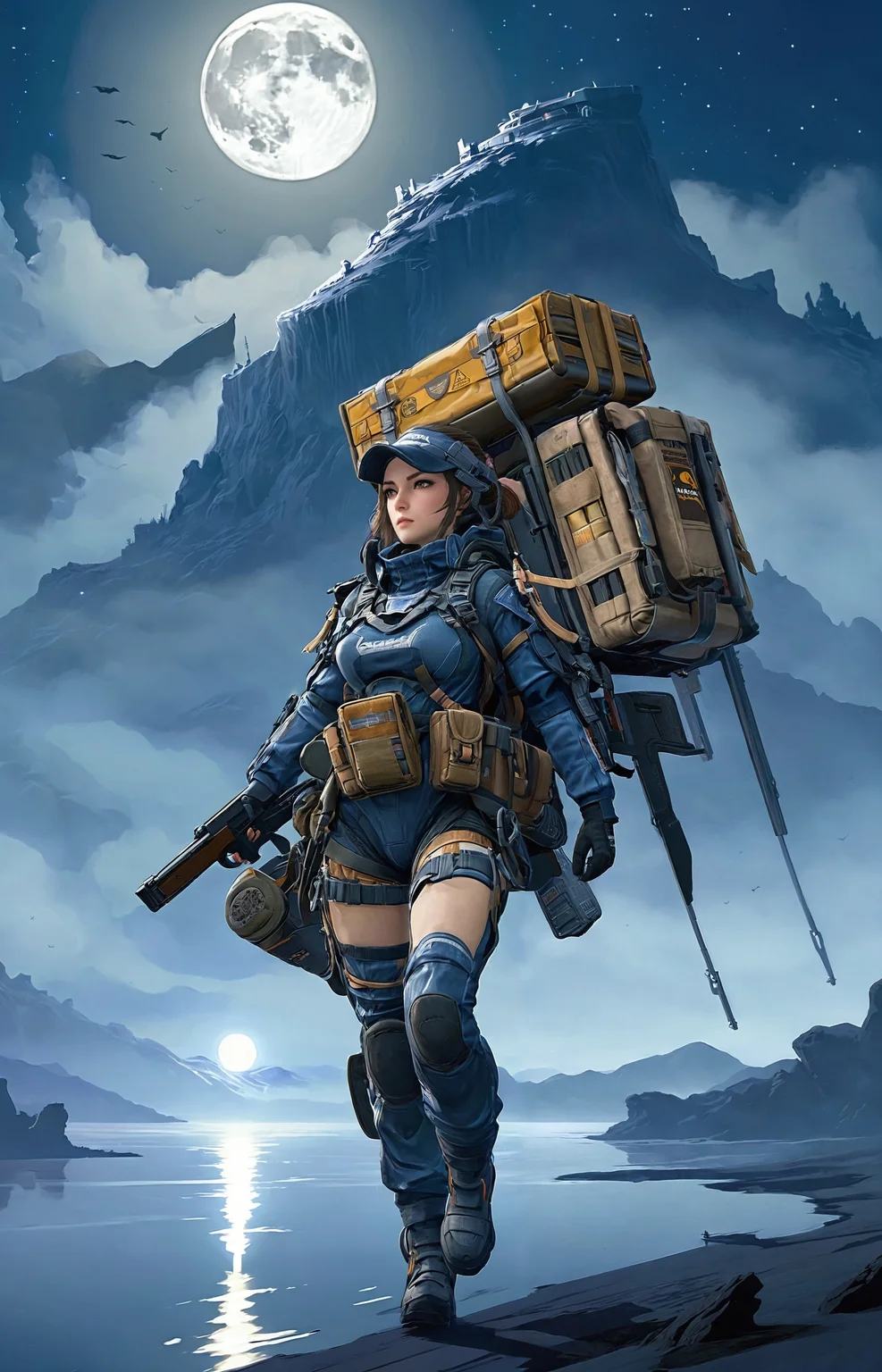 a lovely fascinated girl carries a sizable cargo while wielding a firearm, encapsulating the game's unique blend of isolation and combat., a vast, A moonlit lake, with fog rolling over the water and mysterious shapes beneath the surface sky ,moon just appeared ,Command base in background, a girl wearing with armor,weapon, headgear,motocycle   bpk, backpacker, <lora:BPKXLV1-000003:0.8>