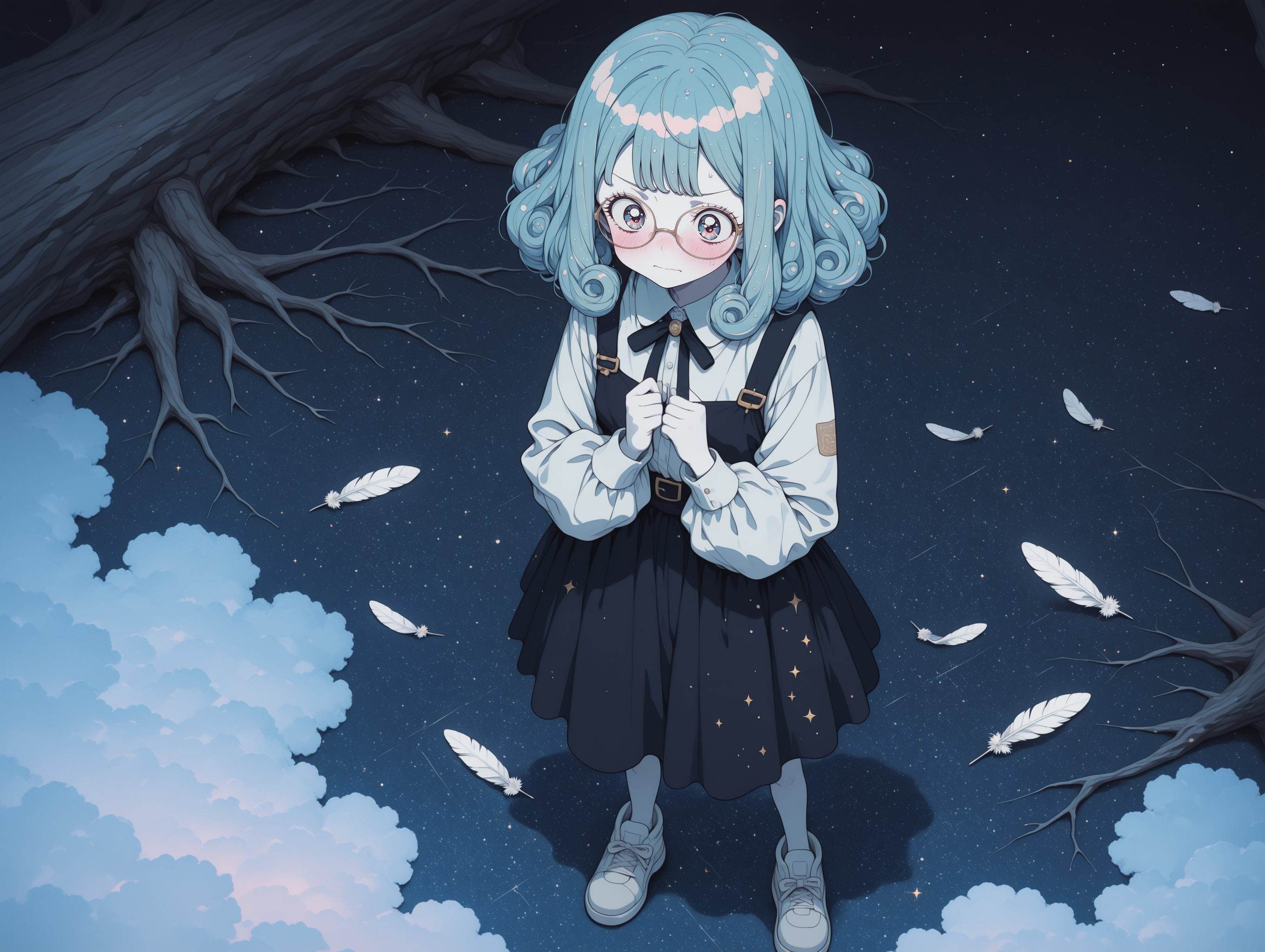 masterpiece,best quality,amazing quality, solo, character focus, outlines, flat color, Vintage, 1990s \(style\), light particles, vibrant, 
 soft lighting,      soft colors,  night, night time, dark theme,   
1girl,  curly bangs, pastel Blue hair, patterned hair,      shoes,    glitter,   glasses, white skin, marble skin,  flustered, solo, 
standing, from above, 
 skirt, shirt,   
sfw,  
exterior, dense thicket, tree roots breaking ground, cloud-filled sky, 
valley, loose feathers on ground, 
<lora:add-detail-xl:2> <lora:Detailer_NoobAI_Incrs_v1:1> <lora:feet_anime_il_v3:1> <lora:hand 5.5:1> <lora:anime_screencap-Illustrious:0.4> <lora:S4bit4mago:1> S4bit4mago_illu, <lora:OldAnimeStyle_XL_v3:0.2> <lora:re4lity:0.3> re4lity_sync_illu <lora:MJPA:0.2> MJPA <lora:NijijourneyNoob_byKonan:0.6> <lora:Clean_Chibi_Style:-0.8>