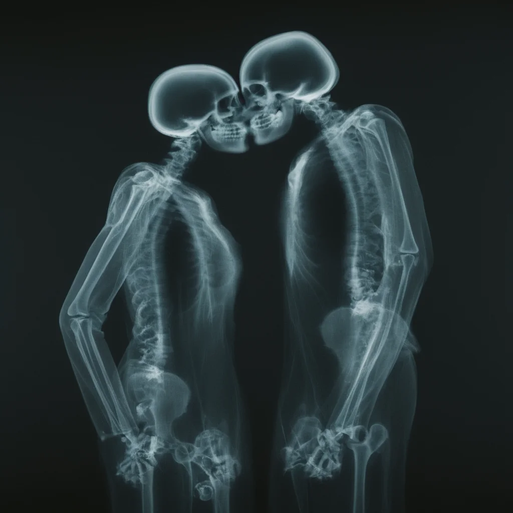 cinematic film still of  <lora:x-ray style:1> X-ray of
a couple of skeletons standing next to each other kissing
,x-ray style, shallow depth of field, vignette, highly detailed, high budget, bokeh, cinemascope, moody, epic, gorgeous, film grain, grainy