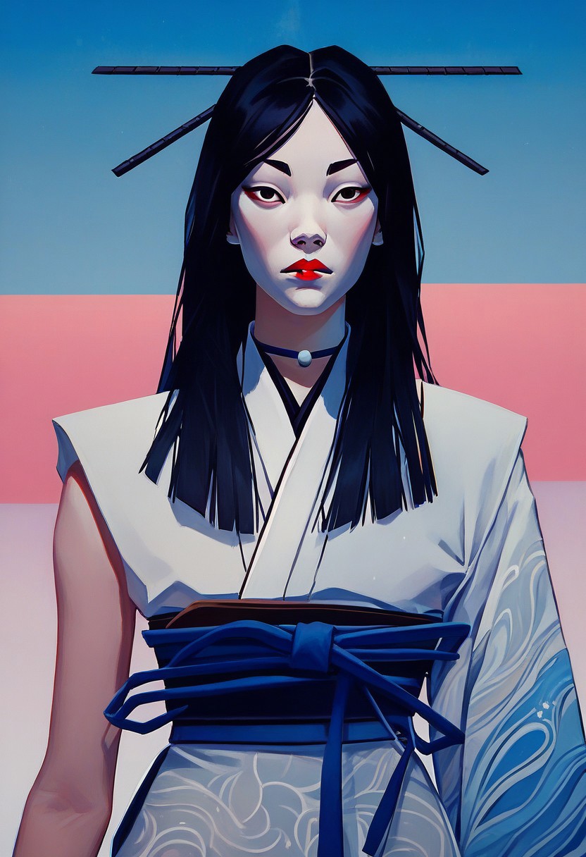 score_9,score_8_up,score_8,score_9,(((pastel colors, high contrast,expressiveh,solo focus, ))), (1girl, standing, looking at viewer)  rimlight, asian, Kuroku, Japanese clothes, white clothes, black hair, long hair, red lipstick, hair ornament, museum background, blue sash, one sleeve,