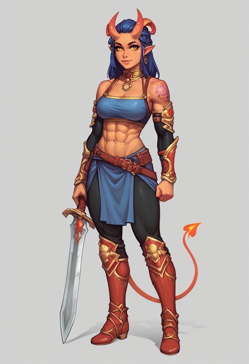 score_9, score_8up, <lora:Concept Art Eclipse Style LoRA_Pony XL v6:1>  <lora:Expressive_H-000001:1>  <lora:KarlachBG3PDXL_V1-Manityro-adamw:1> karlachbg3, 1girl, demon girl, tattoo, yellow eyes, demon tail, abs, muscular female, colored sclera, muscle cuirass, red greek skirt, greece, fire, dawn,
((full-clothed armor)), ((long big sword in hands, big sword in hands)), medieval style
BREAK 
strange world background score_9, score_8_up, score_7_up, score_6_up, source_cartoon, rating_explicit, Expressiveh, (((((full body))))), dynamic pose