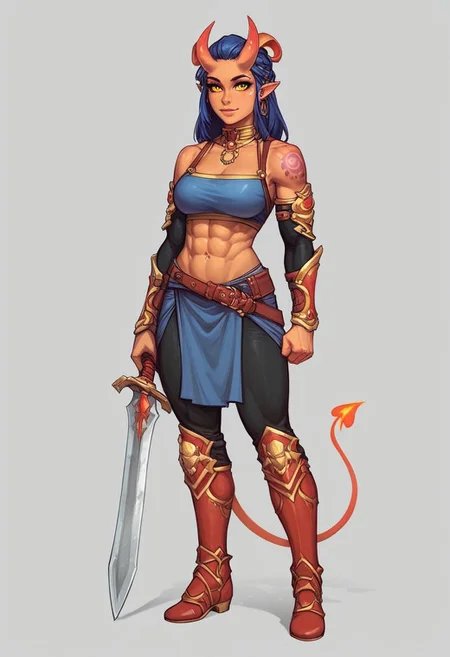 score_9, score_8up, <lora:Concept Art Eclipse Style LoRA_Pony XL v6:1> <lora:Expressive_H-000001:1> <lora:KarlachBG3PDXL_V1-Manityro-adamw:1> karlachbg3, 1girl, demon girl, tattoo, yellow eyes, demon tail, abs, muscular female, colored sclera, muscle cuirass, red greek skirt, greece, fire, dawn,
((full-clothed armor)), ((long big sword in hands, big sword in hands)), medieval style
BREAK
strange world background score_9, score_8_up, score_7_up, score_6_up, source_cartoon, rating_explicit, Expressiveh, (((((full body))))), dynamic pose
