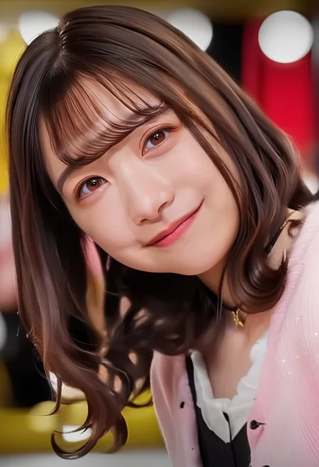 score_9,score_8_up,score_7_up,score_6_up,quality_masterpiece,quality_best,highres,solo,
full body,(fair skin:1.1),(((looking at viewer))),((cute face)),bangs,lips,black hair,brown hair,medium hair,brown eyes,Meticulous Eyelash Details,<lora:imamori_v1_one_NovaA50pony_3120-9-0>,imamori,<lora:quality_modifiers_masterpieces_v1:0.5>,masterpiece,best quality,very aesthetic,<lora:cfg_scale_boost:0.3>,foreshortening,blurry background,face focus,(black knit cardigan),(black dress),long hair,bangs,brown hair,jewelry,parted lips,necklace,closed mouth,choker,blurry,(head tilt forward:1.5),looking up to viewer,portrait,profile,close-up,realistic,pale pink cardigan,(naughty face),Captivating Eye Reflections,smile,