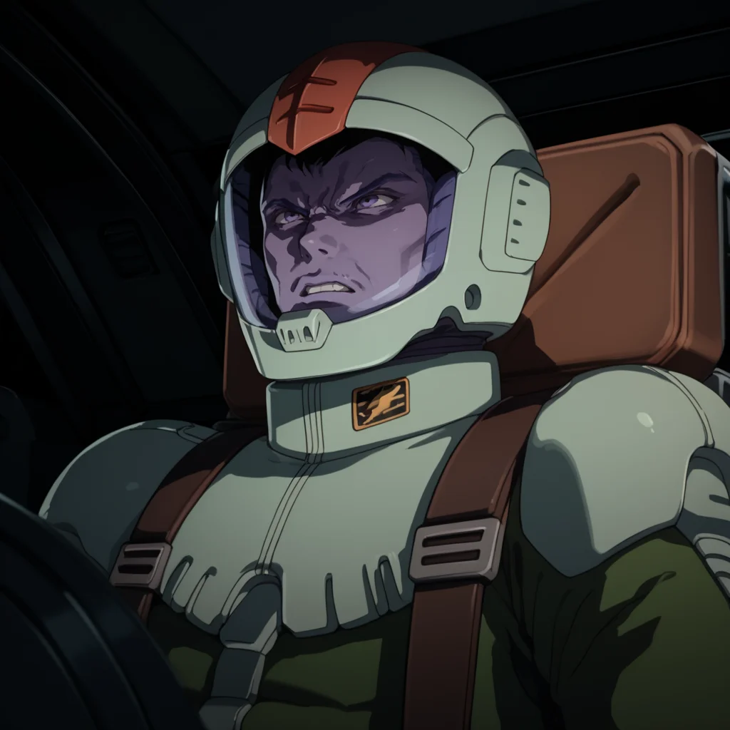 score_9, score_8_up, score_8, solo, adult, <lora:Zeon_Pilot_Mobile_Suit_Gundam_Pony_SDXL:1>, zeon pilot, green flight suit, 1 man, cockpit view, helmet, angry