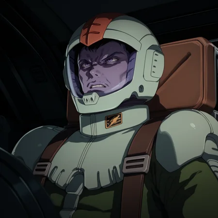 score_9, score_8_up, score_8, solo, adult, <lora:Zeon_Pilot_Mobile_Suit_Gundam_Pony_SDXL:1>, zeon pilot, green flight suit, 1 man, cockpit view, helmet, angry