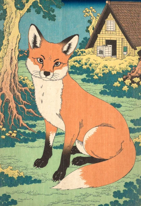Ukiyo-e style by Katsushika Hokusai of a fox in a whimsical, fairy-tale setting, the fox, with its bright orange fur and white markings, sits in the center of the image, looking directly at the viewer with a serene expression, its large, expressive eyes are framed by thick, dark eyelashes, and its ears are pointed, giving it an alert and curious demeanor, in the background, there is a small, rustic wooden cottage with a thatched roof and a small window on the right side, through which a small birdhouse with a nest can be seen, the cottage is surrounded by lush greenery and vibrant flowers, including orange and pink flowers, adding a touch of color and life to the scene, the ground is covered in soft, green grass, and the sunlight filters through the trees, creating a warm and inviting atmosphere,<lora:CustomFlux/Katsushika_Hokusai.safetensors:1.0:1.0>