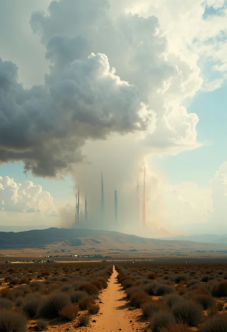 artilands02, a desolate color drenched Desert Landscape, only glimpses of RGB digital distortions are visible behind a detailed billowing wall of Clouds, atmospheric lighting, atmospheric haze, desolate towering Obelisks resembling long bee hives that reach into the universe above, cutting holes into the Clouds Casting Long shadows across the Landscape, a moody Milky and desaturated colored Fog covers the scenery