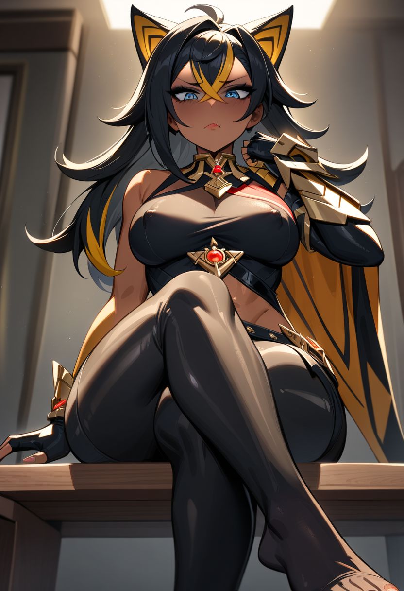 masterpiece,best quality,very aesthetic,absurdres,ultra detailed,nsfw,full shot,front view,from below,
1girl,solo,full body, ,x hair ornament,hair ribbon,large breasts,covered nipples,sitting,crossed legs,presenting foot,looking at viewer,looking down,closed mouth, disgust,shaded face,skin tight, black tighhighs,no shoes,feet,toes , sitting on bench,
Ultra ears, cat ears, fluffy,
long hair, breasts, bangs, blue eyes, blonde hair, black hair, gloves, navel, animal ears, hair between eyes, jewelry, medium breasts, heart, multicolored hair, black gloves, midriff, pants, dark skin, fingerless gloves, stomach,  dark-skinned female, streaked hair, hand on hip,  halterneck, black pants,  crossed bangs, asymmetrical clothes, asymmetrical gloves,  single pantsleg, 
wide hips, pantyhose , expressive eyes, perfect face,((beautiful eyes)),(((perfect female body))), shiny skin, super idol face, intricate details, (perfect lighting), highres, flush lips, perfect lips, black eyeshadow, thick thighs, thighs ass, indoor, light particle, tanned girl, dark skinned female, dehya /(Genshin impact)/
