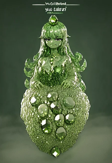 score_9, score_8_up, score_7_up, score_6_up, score_5_up, score_4_up, source_anime, , dazzi, monster girl, cheeky smirk,YOUR TEXT made of hud_per1d0t_wrld, green gemstone, crystal, gem, shiny