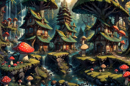 ((masterpiece,best quality)), absurdres, 8k, intricate, high detail,   
<lora:Magical_Forest_Home_v2:0.8>, Magical_Forest_Home,
a village of mushroom houses near a babbling brook, waterfall, bridges, 
mushrooms, Mushroom house, magic, mist, sunny day,