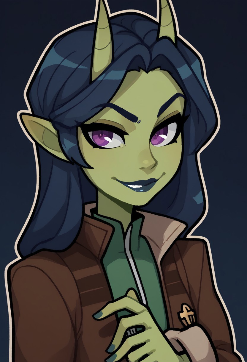 score_9, score_8_up, score_7_up, score_6_up, upper body portrait of a young adorable tiefling woman, (olive green) skin color, ((green skin)), beige horns, petite, (dark blue hair), dark blue lipstick, purple eyes, swept back hair, hair behind ears, upturned ears, wearing a brown padded jacket, innocent look, happy smirk, long hair, solo, HCSV1, thick outline, black outline, white outline