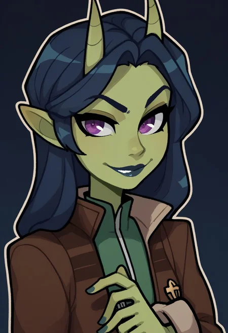 score_9, score_8_up, score_7_up, score_6_up, upper body portrait of a young adorable tiefling woman, (olive green) skin color, ((green skin)), beige horns, petite, (dark blue hair), dark blue lipstick, purple eyes, swept back hair, hair behind ears, upturned ears, wearing a brown padded jacket, innocent look, happy smirk, long hair, solo, HCSV1, thick outline, black outline, white outline