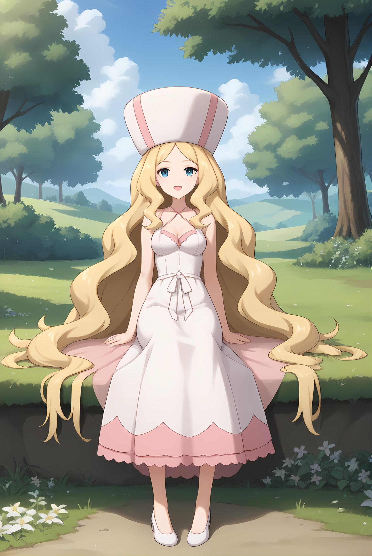 (white dress pink dress two-tone dress), pk-caitlin, pink hat, blonde hair, very long hair, blue eyes, medium breasts, 1girl, solo, skinny, score_9, score_8_up, score_8, score_7_up, score_7, score_6_up, score_6, score_5_up, score_5, source_anime, happy, outdoors, (1.3::full body|0.3::sitting|0.4::standing|0.4::lying|straight-on|0.6::close-up| :1.20), feet, <lora:pk-caitlin-V01-000004:0.60>