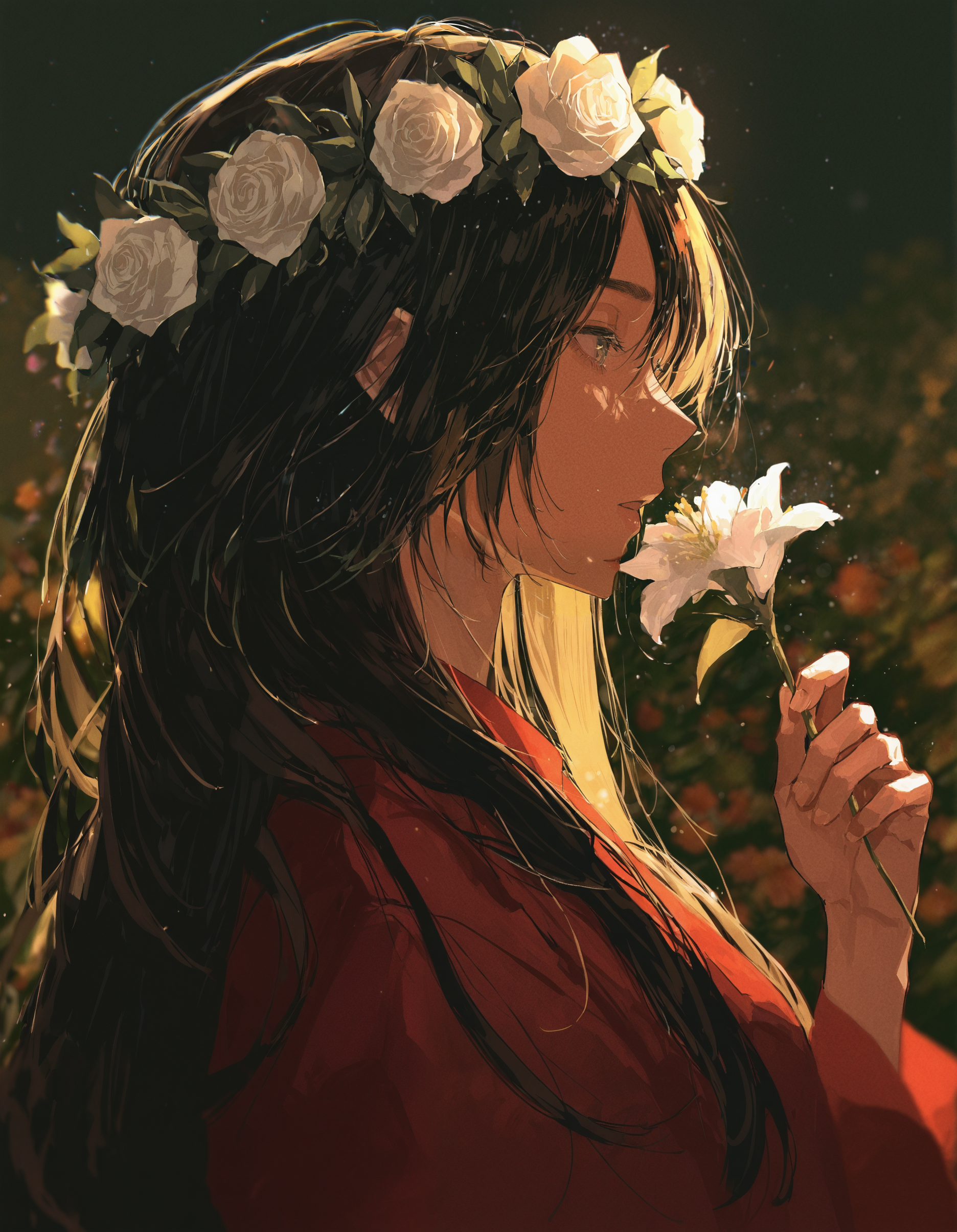 masterpiece, best quality, absurdres, <lora:69yottea_illu_v2:1>,69yottea_style_illu,1girl, solo, long hair, flower, holding flower, head wreath, holding, upper body, blurry, profile, light particles