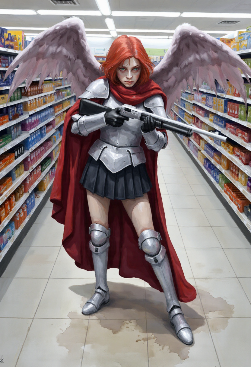 watercolor of, A red-haired angel with striking emerald eyes, dressed in shining silver plate armor, stands in the fluorescent-lit aisle of a Wal-Mart, her wings folded behind her. She holds a pump-action shotgun, the cold metal of the weapon contrasting with the polished armor that gleams under the harsh store lighting. Her expression is stern as she aims the shotgun down the aisle, past shelves stocked with cereal and soda. Her crimson cloak flutters slightly as if caught by a breeze, her armored boots firmly planted on the tiled floor, leaving smudged dirt behind her from a recent battle.