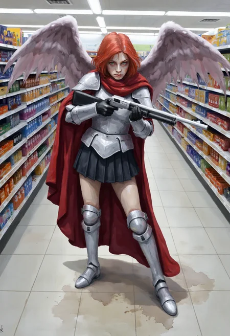 watercolor of, A red-haired angel with striking emerald eyes, dressed in shining silver plate armor, stands in the fluorescent-lit aisle of a Wal-Mart, her wings folded behind her. She holds a pump-action shotgun, the cold metal of the weapon contrasting with the polished armor that gleams under the harsh store lighting. Her expression is stern as she aims the shotgun down the aisle, past shelves stocked with cereal and soda. Her crimson cloak flutters slightly as if caught by a breeze, her armored boots firmly planted on the tiled floor, leaving smudged dirt behind her from a recent battle.