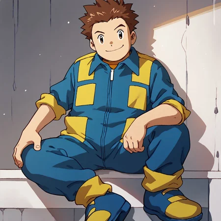 score_9, score_8_up, score_7_up BREAK JPDFr, 1boy, brown hair, brown eyes, blue jumpsuit with yellow accents, yellow cuffs, yellow pockets, socks, blue yellow shoes, smiling at viewer,