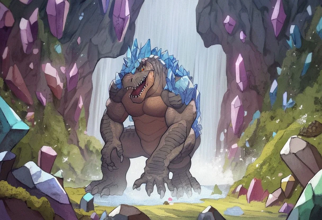 tyrannosaurus rex, score_9, score_8, score_7, score_6, absurdres, source_anime, open_mouth, golem, crystal golem, crystal skin, waterfall, tyrannosaurus rex made of crystals,