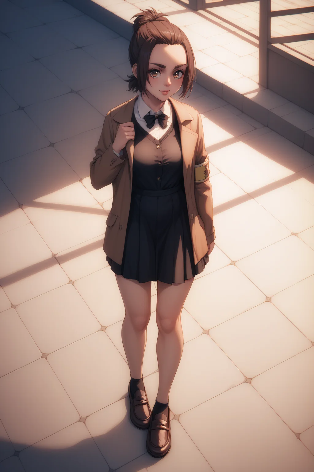 score_9, score_8_up, score_7_up, BREAK source_anime, <lora:gabi braun-PonyXL-lora-Faxtron:0.8> gabi braun, brown eyes, brown hair, single hair bun, breasts, black dress, jacket, loafers,