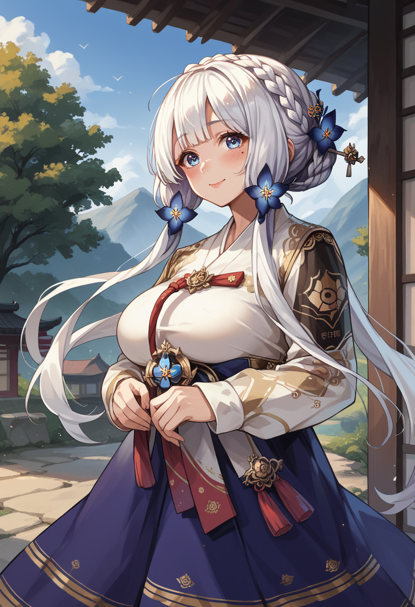 score_9, score_8_up, score_7_up,  mlillusreh, blue eyes, blush, crown braid, hair ornament, hair ribbon, hanbok, korean clothes, (large breasts:1.8), long hair, long sleeves, mole under eye, smile, white hair, blue skirt, gold trim, hair flower,   <lora:illustrious-hanbok-pdxl-v2:1>