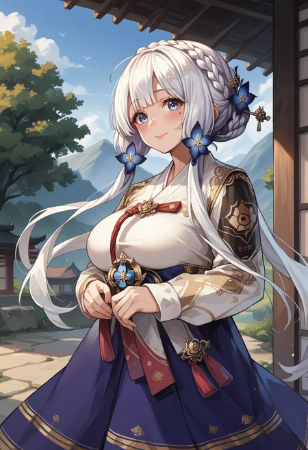 score_9, score_8_up, score_7_up, mlillusreh, blue eyes, blush, crown braid, hair ornament, hair ribbon, hanbok, korean clothes, (large breasts:1.8), long hair, long sleeves, mole under eye, smile, white hair, blue skirt, gold trim, hair flower, <lora:illustrious-hanbok-pdxl-v2:1>