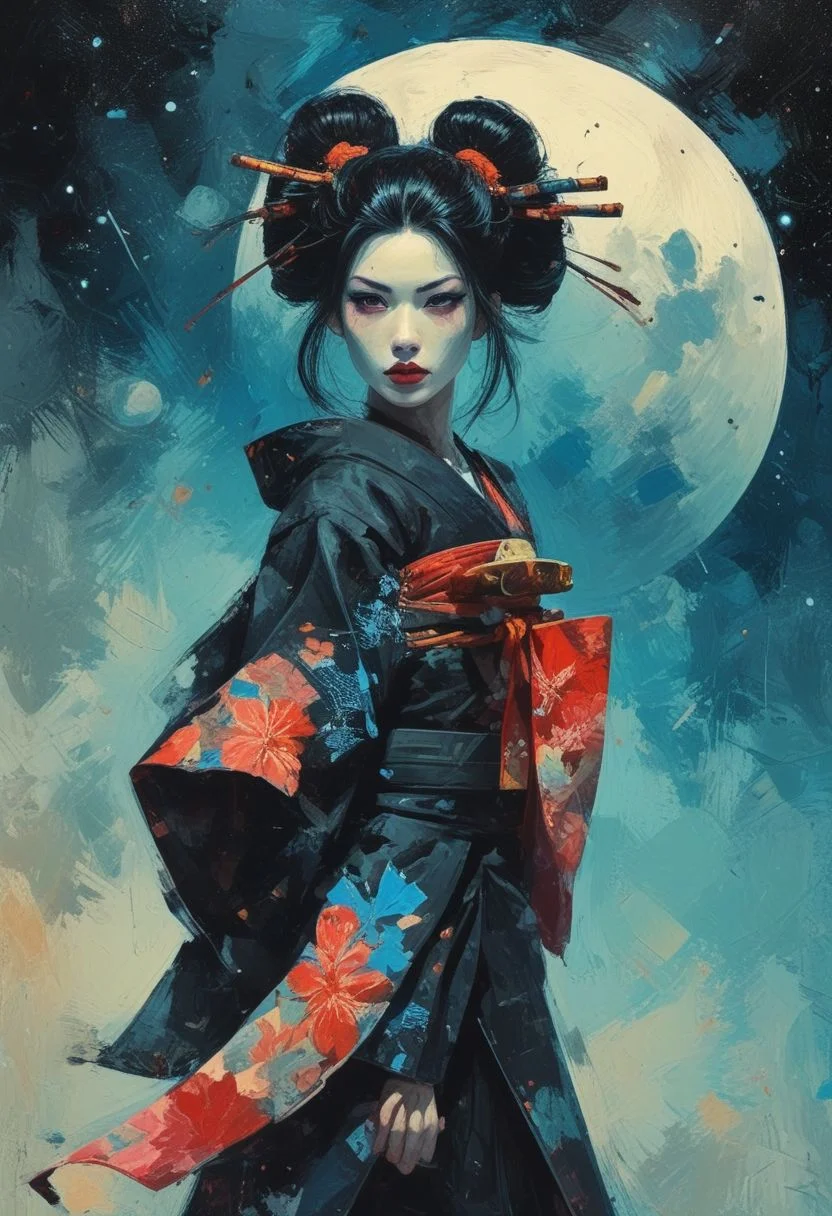 fine art, 35mm camera, portrait of the beautiful female samurai Geisha, full body, pale skin, blue eyes, black clothes, digital painting stylet, Saturn in space background, daydreaming, impasto, playful and imaginative abstract art, pop surrealism, inspired by Conrad Roset. Analog Color Theme, retrospective, flat, 2.5D