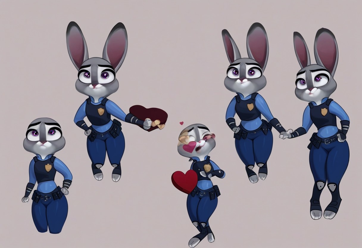 heart floating, heart-shaped pupils, aroused, heart eyes, cupid arrow, Valentine's day themed, Judy Hopps,  police outfit, 1 girl