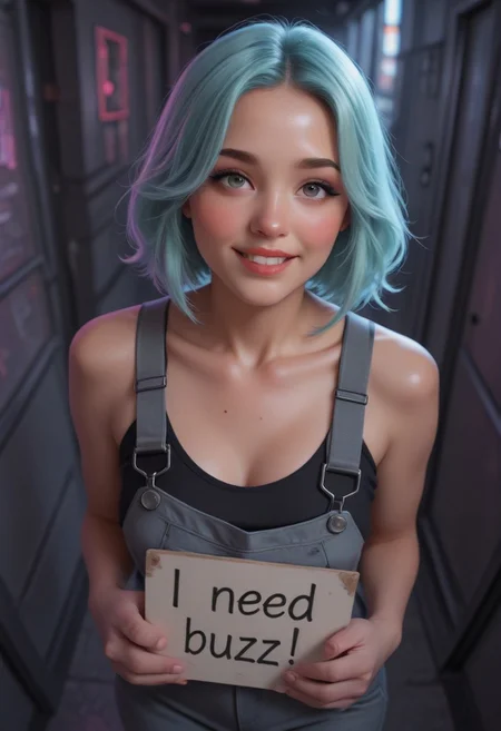 A realistic photography of a female model with short brunette hair, perfect body, realistic skin and striking features. positioned in a fisheye perspective, view from above, looking directly at the viewer, with a hand she is making sign of vistory.  She's holding a sign that says "I NEED BUZZ", need_buzz, holding sign. The colors of the girl are bold and saturated, color of the background are no saturated. Giant 3d arroys are pointing breasts of the girl.
The setting is a night city cyberpunk neon and dark, in contrast with the girl that is angelic and bright. Volumetric lighting.
The female's eyes are big and expressive, and her overall aesthetic cute, erotic and innocente and angelic. Her face is detailed facial features, perfect and good looking smile. Seductive smile to the viewer.  Eyliner.