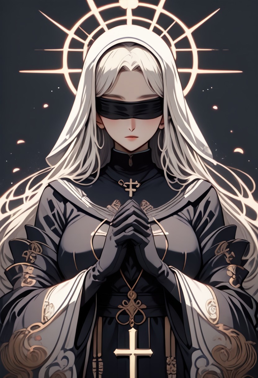(score_9, score_8_up), score_7_up, 1girl, long hair, large breasts, simple background, gloves, long sleeves, white background, dress, jewelry, upper body, white hair, black gloves, hood, wide sleeves, necklace, black dress, blindfold, halo, own hands together, cross, veil, interlocked fingers, hood up, nun, own hands clasped, praying,, 
depth of field, blurry background, black background, dark, CINE, embers, UKIYO, MUCHA, ANIME
