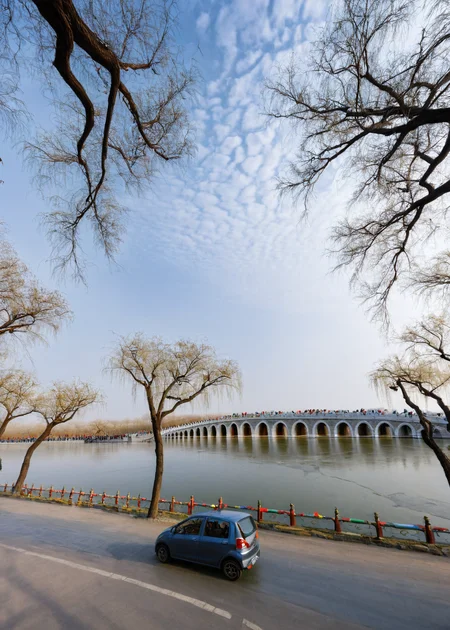 <lora:é¢åå­:1>,The Summer Palace, tree, scenery, bridge, outdoors, bare tree, multiple boys, car, ground vehicle, sky, motor vehicle, water, building, river, day, road, street, city, dutch angle, real world location, power lines, 6+boys, cloud, masterpiece, best quality,