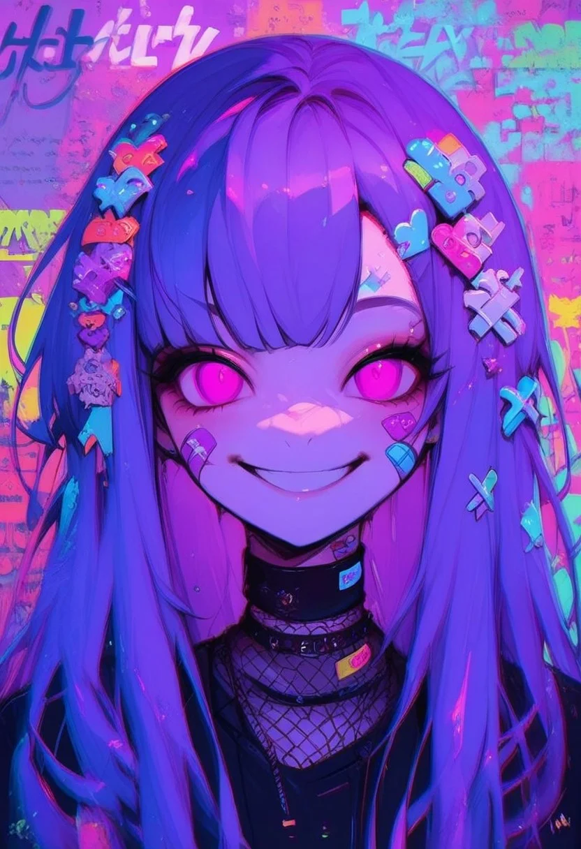 score_9, score_8_up, score_7_up, a anime style girl with purple hair standing in purple color screen, with many words in background, 1girl, bandaid, hair ornament, solo, smile, bandaid on face, long hair, pink eyes, looking at viewer
Expressiveh